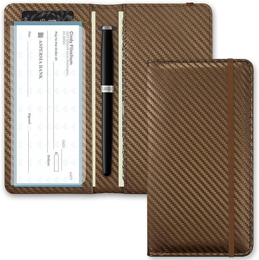 Checkbook Cover for Men Women, Premium Leather Checkbook Holder with RFID Blocking and Built in Clear Plastic Divider for Personal and Business Checks (Brown Carbon)