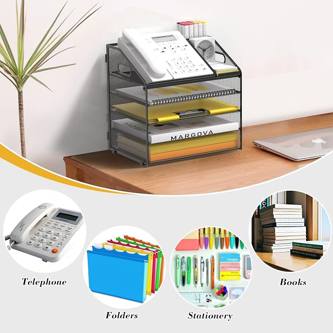 Letter Tray Paper, 5 Tier Desk Organizer with Pen Holder and Handle, Mesh File Organizer Paper Sorter Metal Desktop Document Shelf for Office Home Classroom - Black