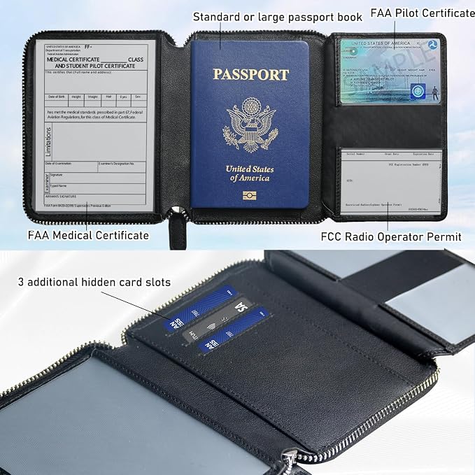 Pilot Wallet Passport Holder RFID Blocking Nappa Leather Travel Wallet, Stylish Travel Companion for Aviation Professionals (Black Silver)