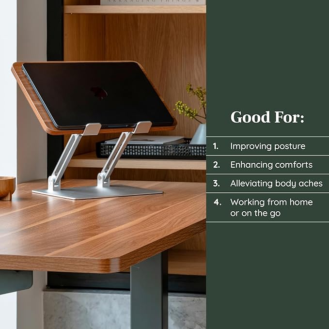 Branch Adjustable Laptop Stand - Portable Wooden Laptop Riser with Customizable Height & Angle - Foldable - Secure Silicon Grips for Home or Office - Walnut