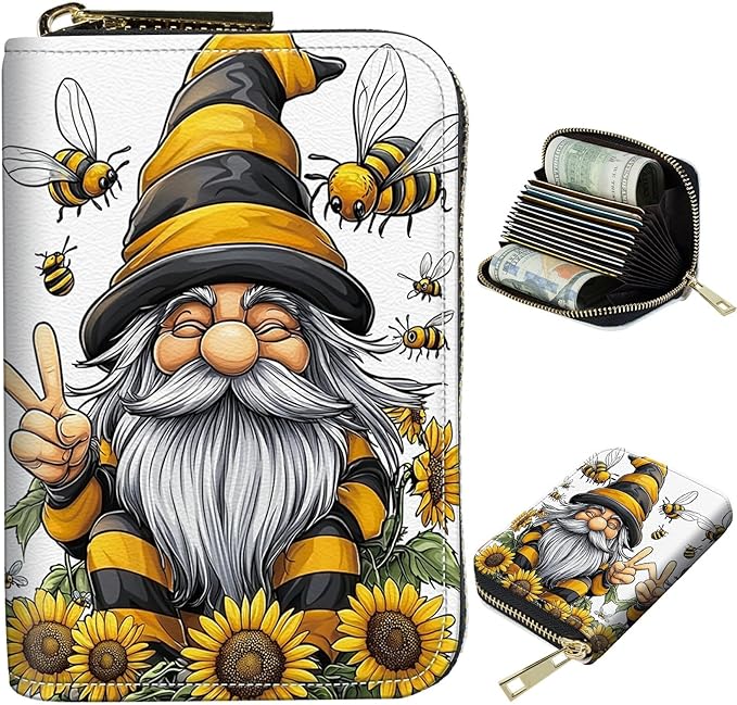 Cute Credit Card Holder with Zipper, Bee Dwarf Sunflower RFID-Blocking Card Case Small Wallet for Women Men, Multi-slot Card Organizer Case Travel Accordion Wallet