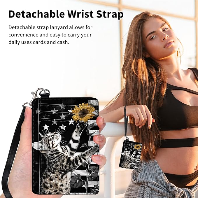 Slim Minimalist Front Pocket Wallet,Credit Card Holder Wallet for Women Men,RFID Blocking Credit Card Holder Case Leather Cute Small Thin Wallet ID Window&Wrist Strap,Flag Cat Sunflower