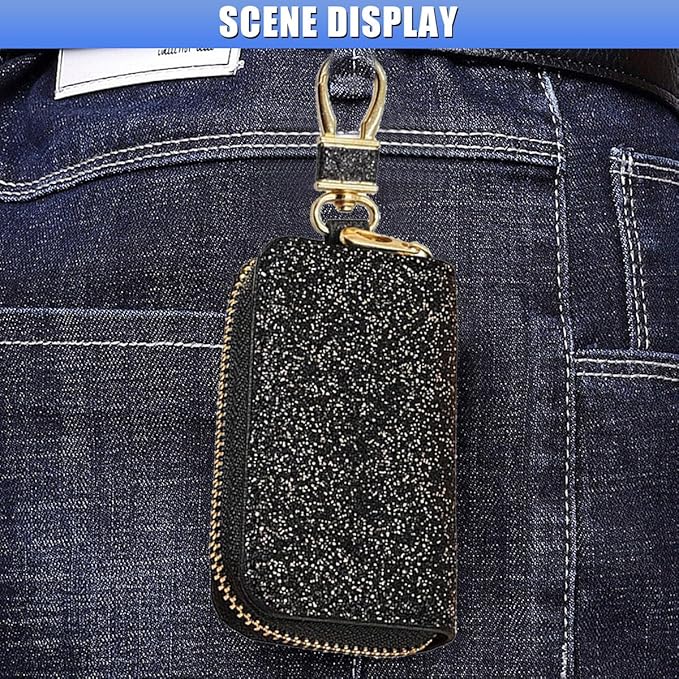 Bling Car Key Case, Leather Keyring Zipper Bag with Metal Hook, Remote Key Fob Cover, Auto Keychain Holder (Black Gold)