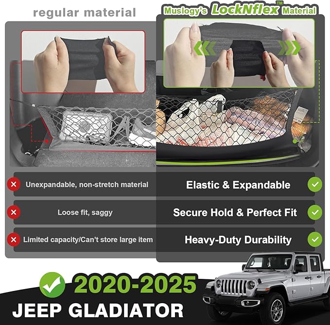 Muslogy Truck Bed Cargo Net Trunk Netting Compatible with Jeep Gladiator 2020-2025 2026 JT Accessories, Pickup Cargo Organizer SUV Sedan Storage Net w/Heavy Duty Carabiners