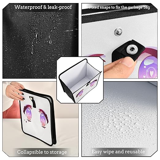 Purple Pink Anime Kawaii Eyes Car Trash Can Foldable Hanging Car Trash Bag Bin Auto Garbage Can Leak-Proof Car Organizer(Large)