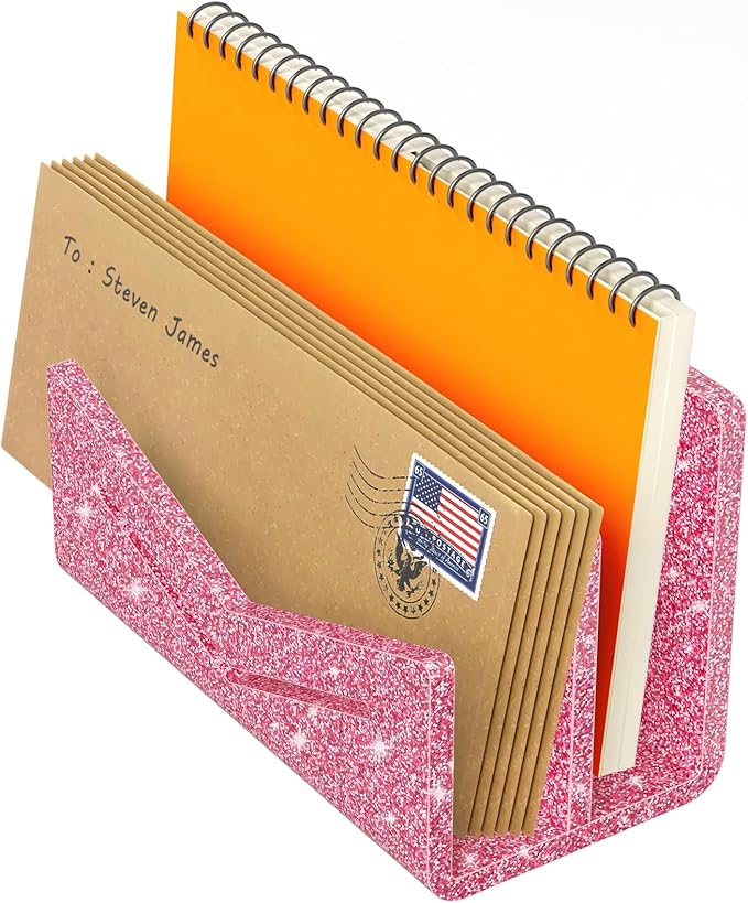 Beego Envelope and Mail Organizer Countertop - 2 Compartments Glitter Pink Acrylic Desk Organizer Letter Holder Desktop File Sorter Bill Document Folder Rack for Office, Home, School
