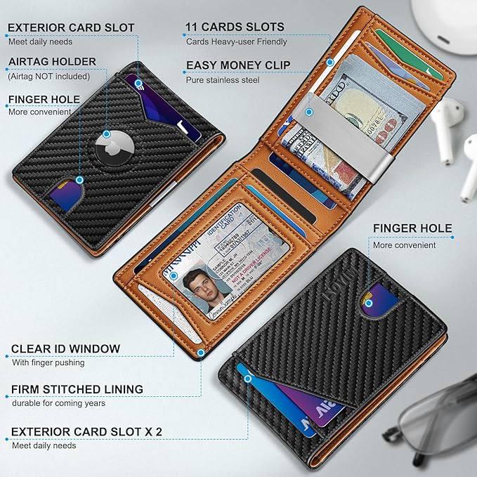 miyozi Airtag Wallet for Men,with Money Clip 11 Cards Slim Front Pocket Leather RFID Blocking Wallet with Gift Box