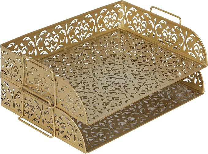 EasyPAG Paper Organizer for Desk 2 Tier Stackable Paper Tray for A4 Legal Size Folders Metal File Storage Desktop Organizer for Home Office School Teacher, Gold