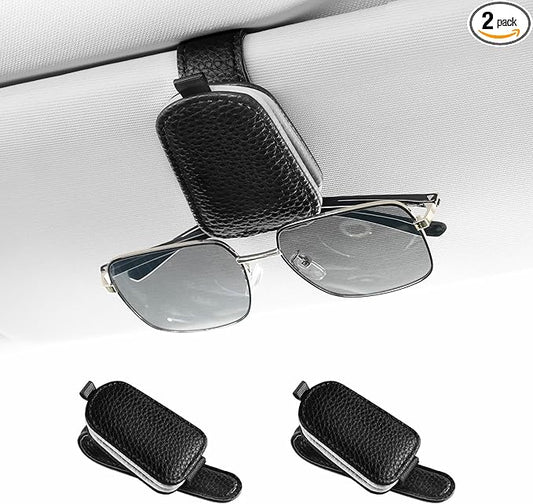 SINGARO Sunglasses Holder for Car, Leather Magnetic Buckle Sun Visor Sunglass Clip, Ticket Card Storage Glasses Clip, Car Interior Accessories for Men and Women（2PCS Black-Gray）