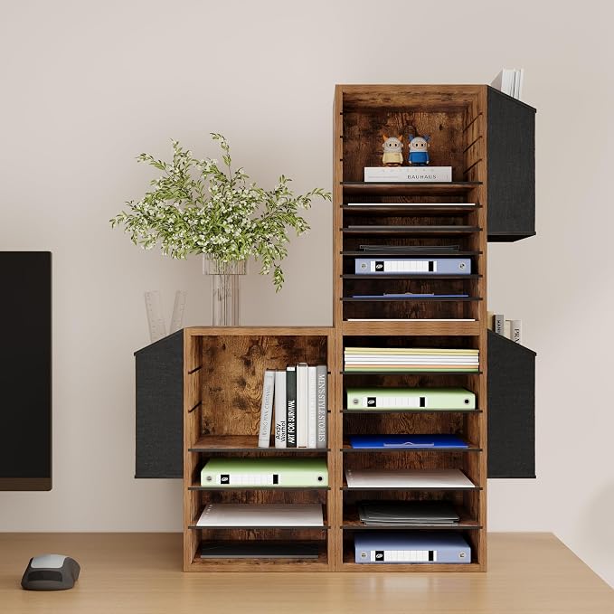 Unionly Office Mail Sorter, Wooden Paper Organizer with Storage Bag, 10 Tier Adjustable Classroom Mailbox, Removable Classroom Organization, Teacher Desk Organization for Office, Study, Brown