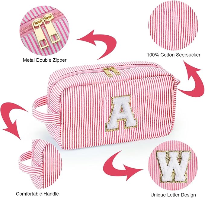YOOLIFE Birthday Gifts for 6 7 8 9 10 11 12 13 14 15 Year Old Teen Girl - Initial Makeup Bag Letter Toiletry Pouch Cosmetic Case, Personalized Teen Girl Gifts Trendy Stuff Party Favor, Pink D