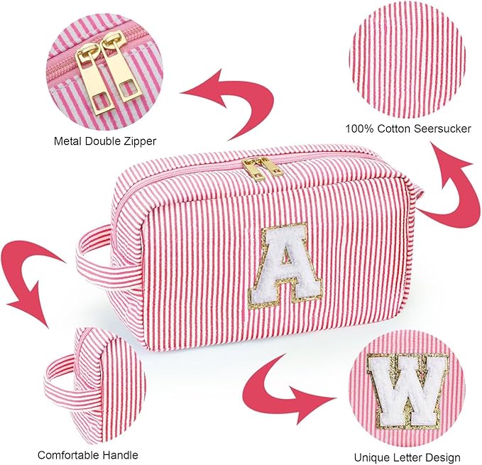 YOOLIFE Initial Makeup Bag for Women - Monogram Cute Makeup Bag Cosmetic Case Toiletry Pouch for Women Her Best Friend Sister Teacher, Personalized Birthday Gifts for Women, Pink V