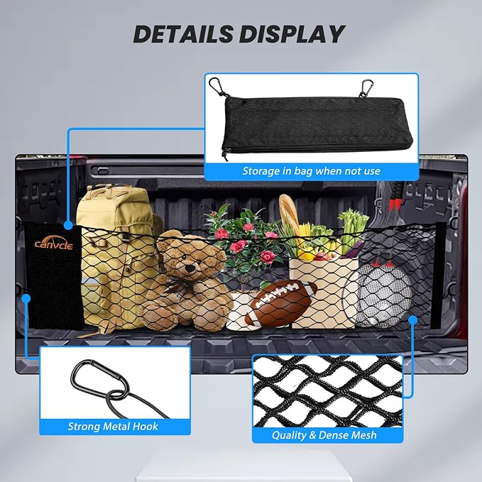 Truck Bed Cargo Net for Chevy Colorado & GMC Canyon 2023-2026, Envelope Style Pickup Truck Bed Net for Chevrolet Colorado Accessories, Upgraded Trunk Cargo Net Storage Bag with Metal Carabiners