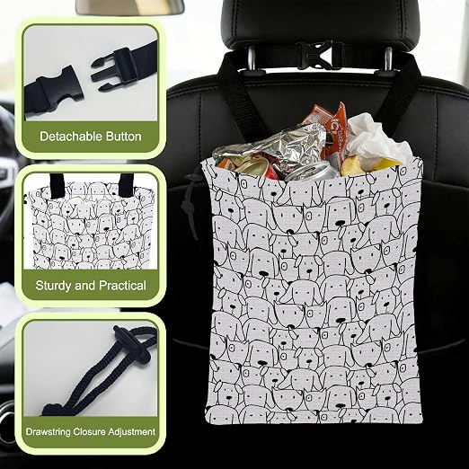 Car Trash Bag Abstract Dog Hanging Drawstring Car Organizer and Storage Bag with Adjustable Buckle Canvas Garbage Bin for Back Seat or Hanging Headrest Car Decor Road Trip Essentials