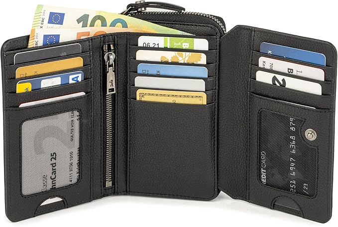BERLINER BAGS Premium Genuine Leather Wallet Vienna, RFID Blocking Credit Card Holder, Trifold Clutch Purses, Zip Around Womens Wallet for 19 cards, ID window, Bills, Coins - Black