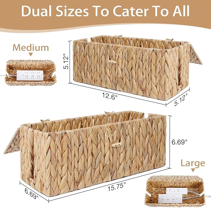 Cable Management Box with Lids-Handwoven Rattan Cord Organizer with Open Slots,Desk Organizer Box to Hide Power Strips&Cords,Office Desk Accessories Storage Basket,2 Pack