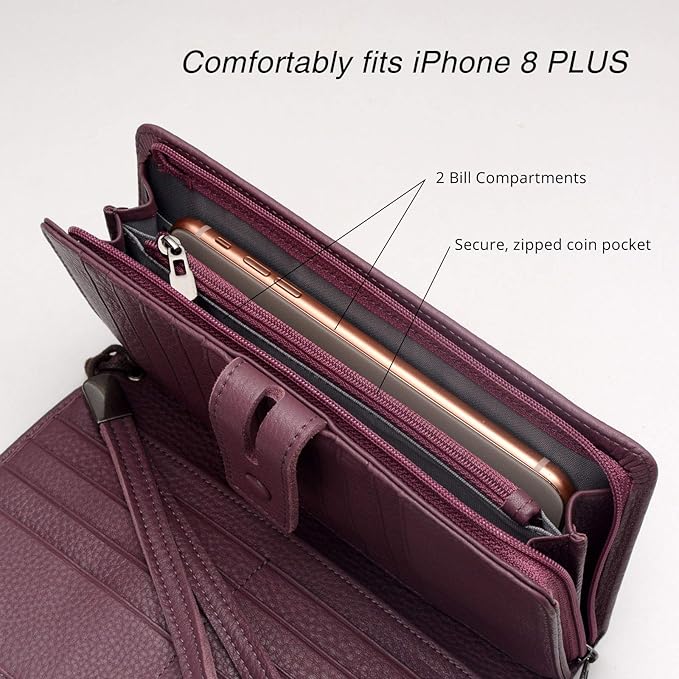 Bveyzi Women's Big Fat Rfid Leather Wristlet Wallet Organizer Large Phone Checkbook Holder with Zipper Pocket (Purple)