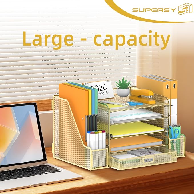 SUPEASY Mesh Desk Organizer with File Holder, 5-Tier Paper Letter Tray Organizer with Magazine Holder, Desktop Organizer and Storage with Drawer for Office Supplies Home or School (Golden)