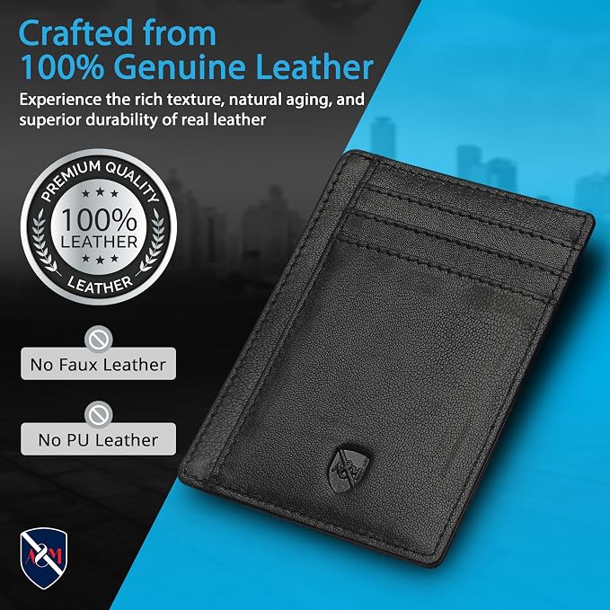 ALLEN & MATE 100% Genuine Leather Slim Minimalist wallet RFID Blocking Card Holder Wallets for Men & Women - Holds 7 Cards, ID & Cash with Gift Box (Black)