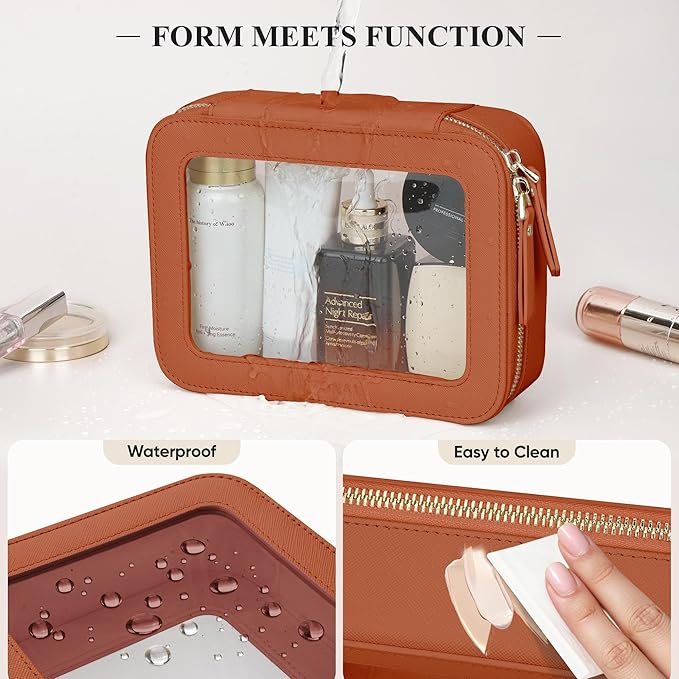 Clear Makeup Bag, Travel Toiletry Bag Cosmetic Case for Women, Waterproof Portable Make Up Skincare Pouch with Zipper, Compact Car Organizer Bag for Essentials, Medium Size, Brown