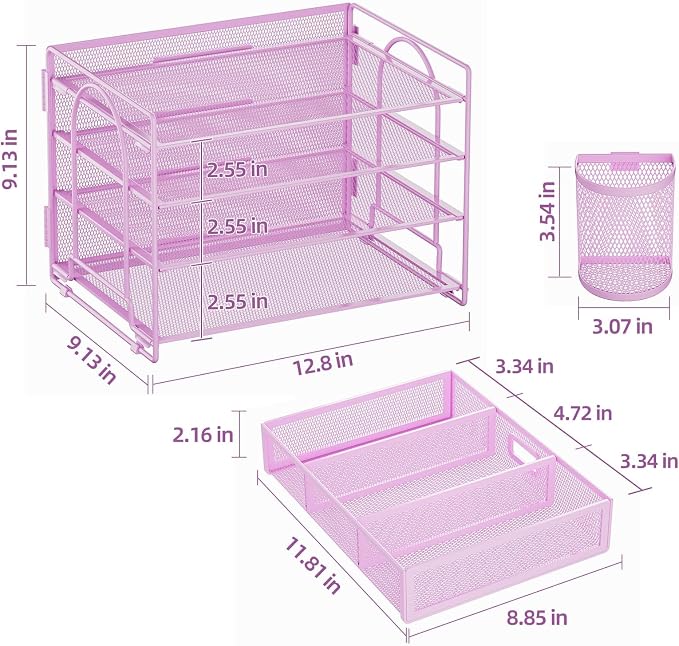 Marbrasse Desk Organizer and Accessories4-Tier Paper File Letter Tray Accessories & Workspace Desk Organizers with Drawer and 2 Pen Holders for School Home Office Supplies (Purple) 2Pack