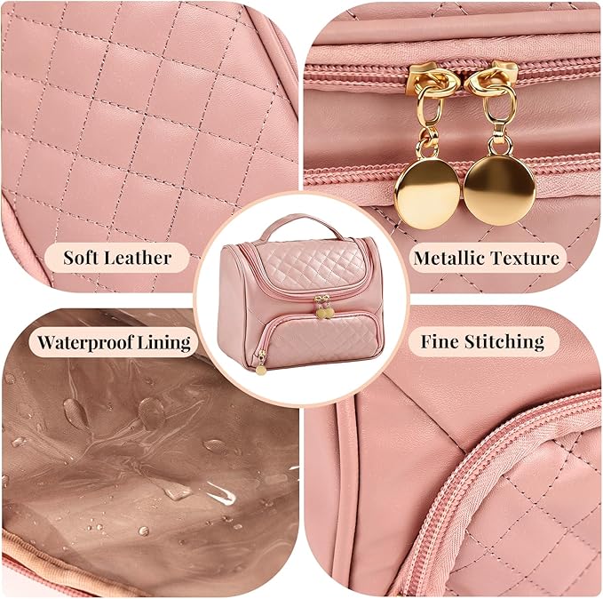Greenfeather Cosmetic Bags for Women，Hanging Toiletry Bag with Makeup Brush Womens Travel Toiletry Bag for Women Essentials Travel Organizer for Full Sized Cosmetics and Toiletries Pink