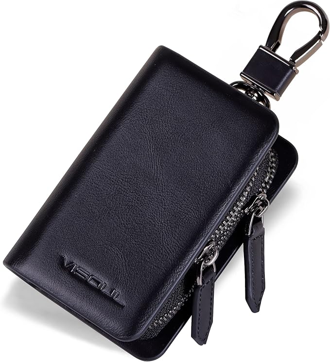 VISOUL Car Key Case Holder Double Zipper, Leather Car Smart Key Fob Case with Keychain for Men and Women
