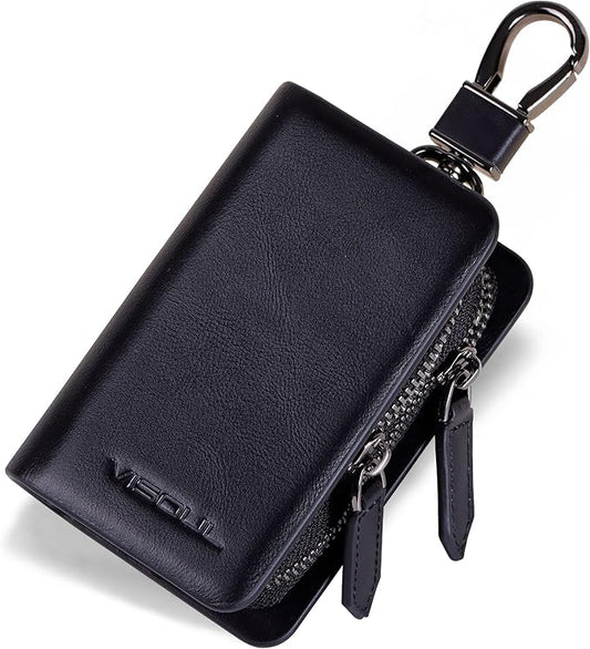 VISOUL Car Key Case Holder Double Zipper, Leather Car Smart Key Fob Case with Keychain for Men and Women