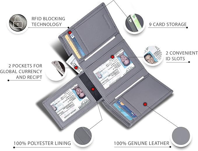 Real Leather Mens Trifold Wallet RFID Blocking Slim Minimalist Front Pocket - Thin & Stylish with ID Window in Gift Box