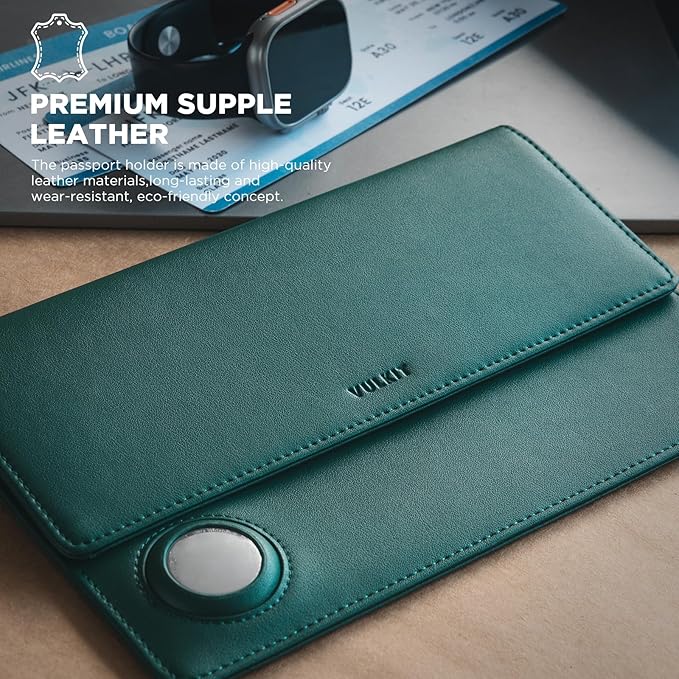 VULKIT Family Passport Holder for 4 Leather Passport Wallet with Airtag Slot Multiple Passport Holder RFID Blocking Bifold Travel Documents Organizer