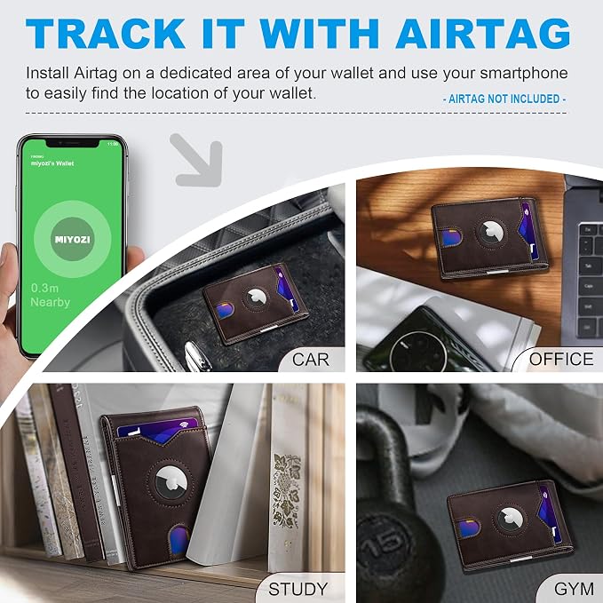 miyozi Airtag Wallet for Men,with Money Clip 11 Cards Slim Front Pocket Leather RFID Blocking Wallet with Gift Box