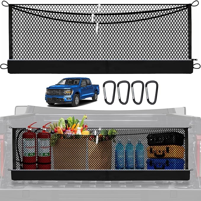 3-Layer Cargo Net for Ford F150/F-250/F-350/F-450 2015-2026, Zoned Storage Truck Bed Net with Foldable Zippered Bottom Bag, Heavy-Duty Cargo Organizer Netting for Camping, Trips & Everyday Use