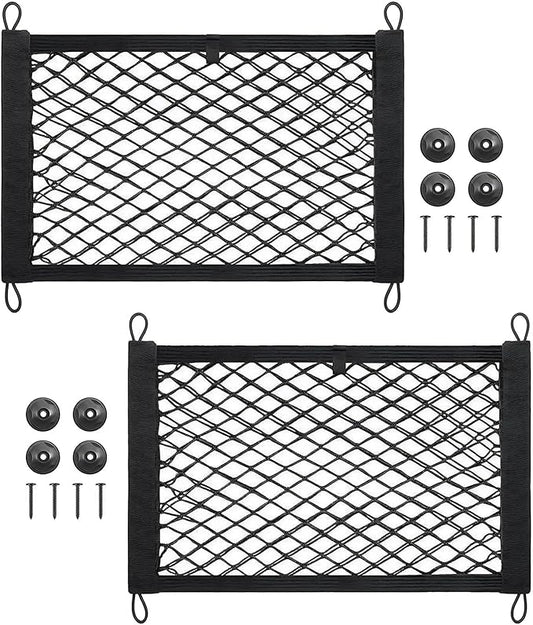 2 Pcs Small Cargo Net, Mesh Pocket Elastic Cargo Net Stretchable Car Net Pocket Storage with 8 Mounting Screws and Hooks for SUV/Car/Truck/RV/Boat（17.7 ×9.8in）