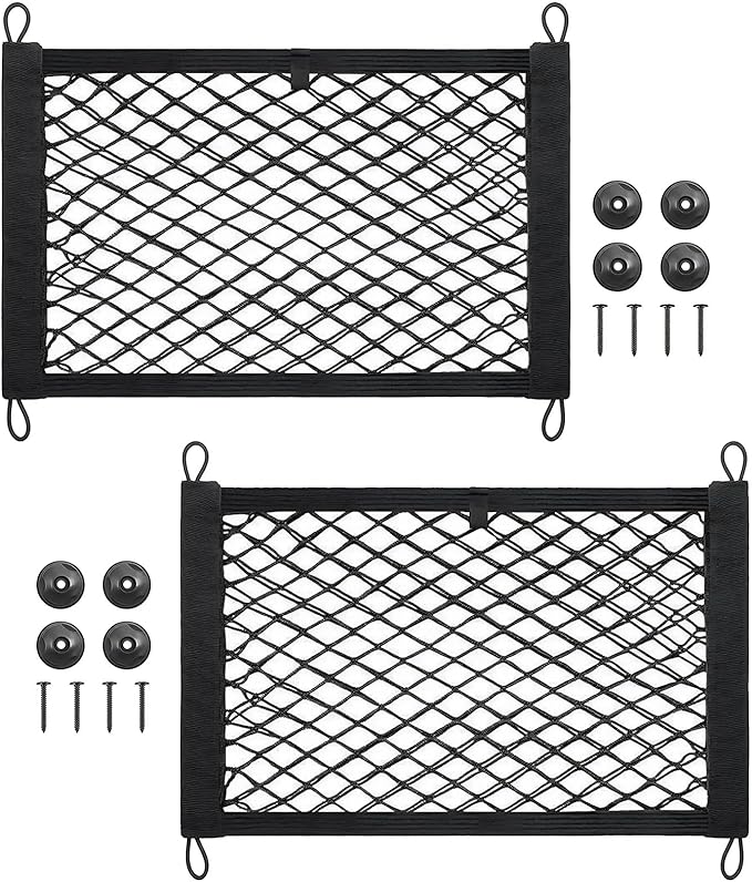 2 Pcs Small Cargo Net, 21.6 ×9.8in Car Storage Net Pocket Automotive Cargo Nets Stretchable Cargo Net Storage Mesh Net with 8 Mounting Screws and Hooks Cargo Netting for SUV Car Truck