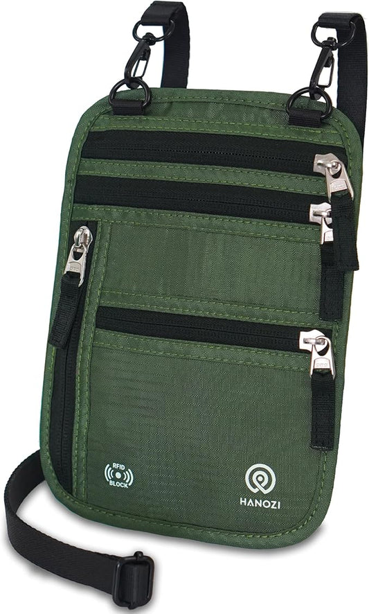 Neck Wallet – Travel Pouch and RFID Blocking Passport Holder for Women and Men, Slim Travel Wallet (Army Green)