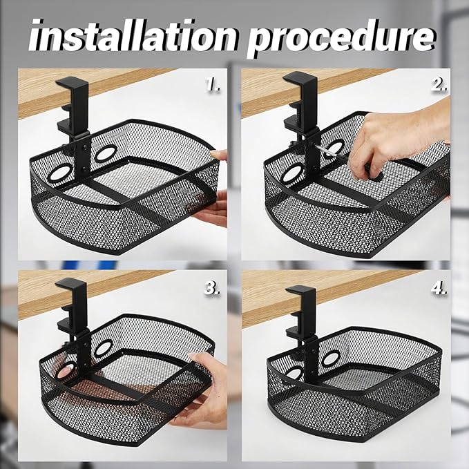 Clamp-On Hanging Desk Organizer - Metal Under-Desk Storage with Clamp Mount, Desk Attachments for Home/School/Office, Essential Office Supplies