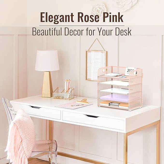 Supeasy 5 Trays Paper Organizer Letter Tray with Handle-Mesh Desk File Holders, Paper Sorter Desk Organizer for Office, Home, Classroom or School, Pink
