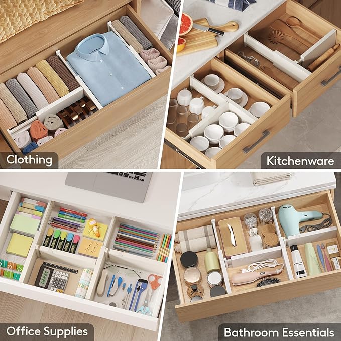 Lifewit 16 Pack Drawer Dividers 4" High 28-43.5cm/11-17" Adjustable Drawer Organizer for Clothes/Utensils, Expandable Drawer Separator in Dresser/Kitchen/Bedroom/Office Organization & Storage Beige