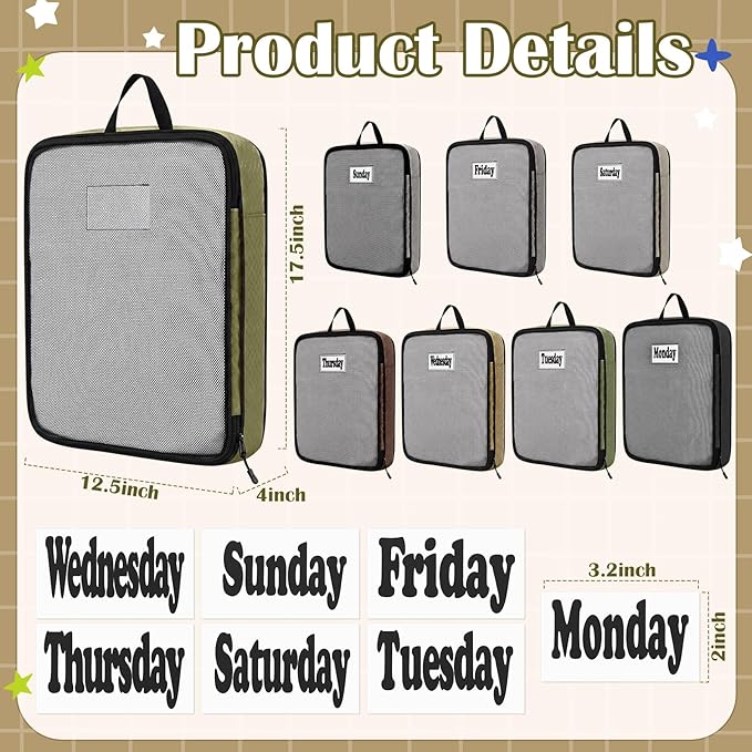 7 Pcs Packing Cubes for Travel Days of Week Compression Packing Cube with Labels Organizers Luggage Storage Bag(Brown,Large)