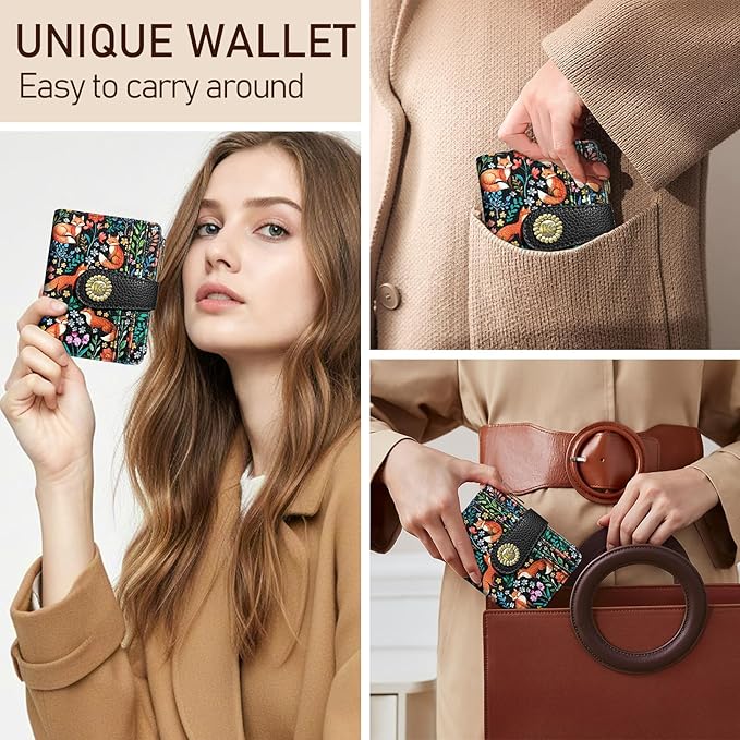 Kelvoris Cute Floral Fox Flowers Boho Small Rfid Women Wallet Bifold Zipper Coin Pocket PU Leather Compact Cash Credit Card Holder Travel Wallet for Female Ladies Teen Girls 1 ID Window 10 Card Slots