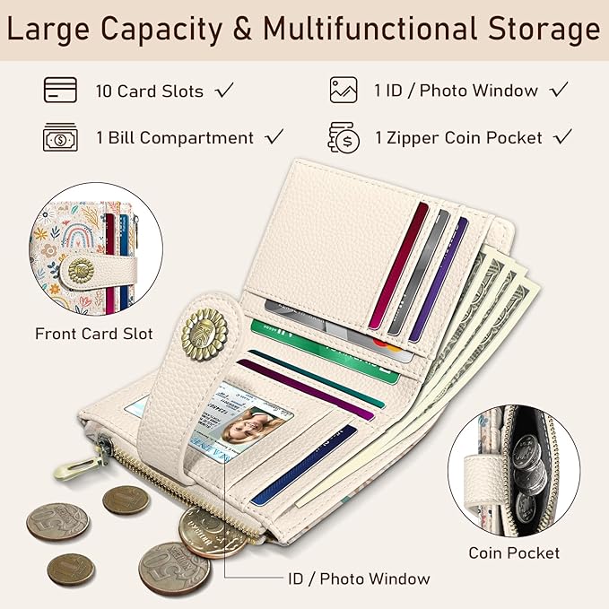 Kelvoris Rainbow Flower Floral Small Rfid Women Wallet Bifold Zipper Coin Pocket PU Leather Compact Cash Credit Card Holder Travel Wallet for Female Ladies Teen Girls 1 ID Window 10 Card Slots