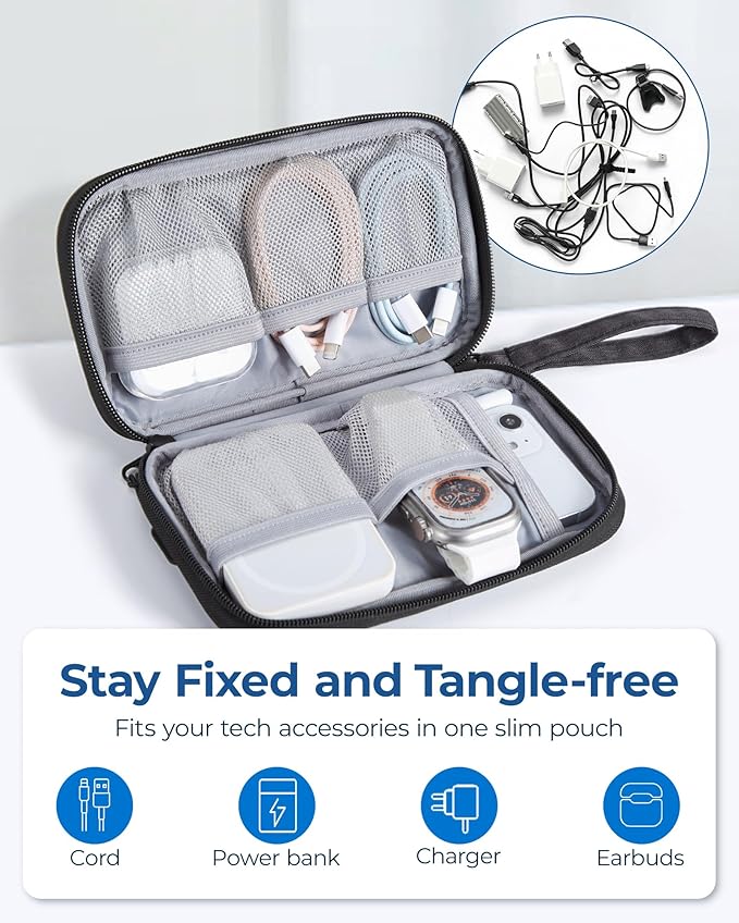 BAGSMART Small Travel Cable Organizer, Tech Organizer for Charger, Phone, Black