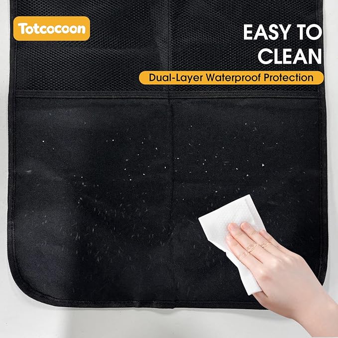 Car Back Seat Protector, 2-Pack Black Waterproof Kick Mats with Custom Storage Pockets, Universal Fit 600D Oxford Fabric Backseat Covers, X-Large Size with Zipper Storage Bag