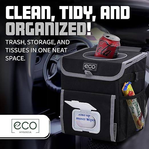 Eco Hygieia Leakproof Car Trash Can - Portable Hanging Car Garbage Can with Adjustable Elastic Strap, Wipes & Tissue Box Holder, Spillproof Opening, Mesh Pockets, Waterproof Lining