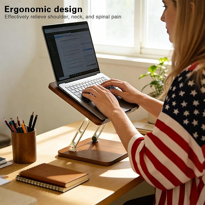 Ergonomic Adjustable Laptop Stand, Wooden & Metal Laptop Riser with Hollow Heat Dissipation, Foldable for Desk Use,Fits 10-17 Inch Laptops/Tablets