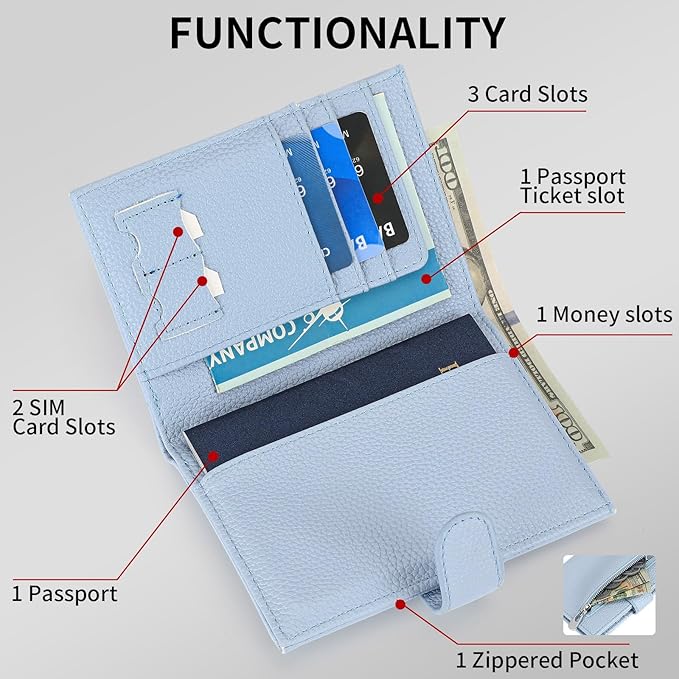 Passport Holder Wallet for Women,RFID Blocking Zippered Coins Pocket and Cash Slot Slim Compact Travel Wallet Passport Cover Case