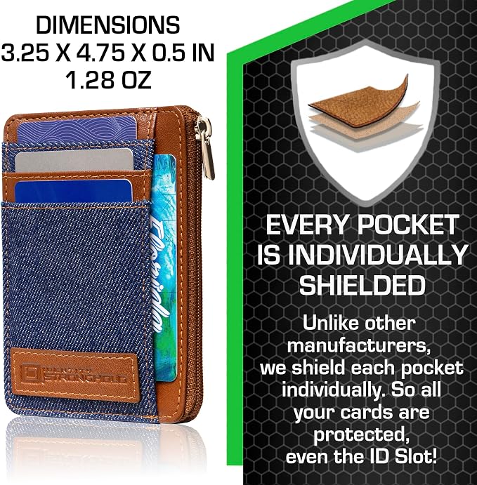 ID Stronghold RFID Blocking Front Pocket Wallet – Slim Minimalist Genuine Leather Wallet with Zipper Coin Pocket (Denim)