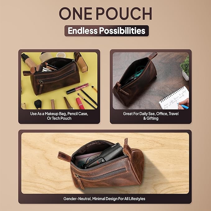 Leather Makeup Bag for Women – Genuine Leather Cosmetic Bag Travel, Handmade Zippered Makeup Pouch, Small Toiletry Bag, Shaving Kit & Stationery Organizer- Brown