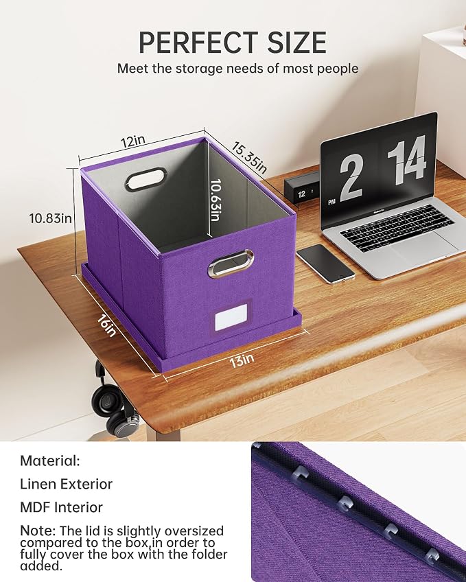 Oterri 2 Pack File Storage Organizer, Filing Box, Portable File Box with Lid, Fit for Letter/Legal File Folder Storage, Document Organizer, Purple