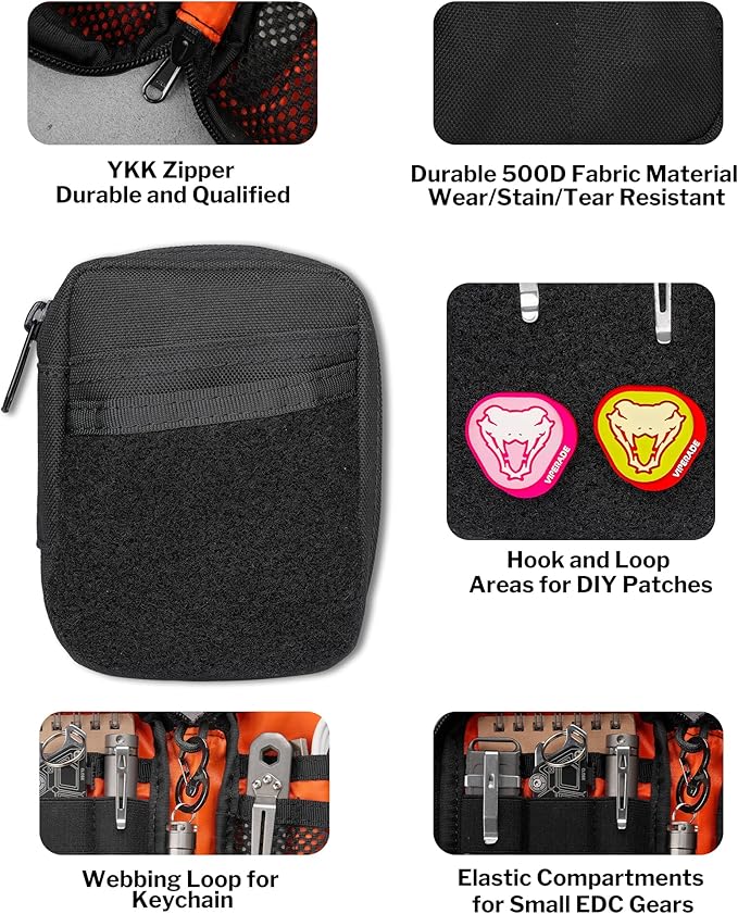 VIPERADE VE31 Small EDC Pouch, Men's Pocket Organizer, Small EDC Organizer Multitool Pouch for Camping/Hiking/Bushcraft (Black Camo)